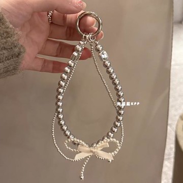 高定質感溫柔珍珠銀蝴蝶結手機殼/包包/鑰匙掛鏈日韓ins少女掛件