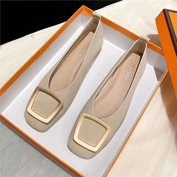 復古方頭單鞋軟底豆豆鞋女2025新款法式氣質方扣裸色平底船鞋軟皮