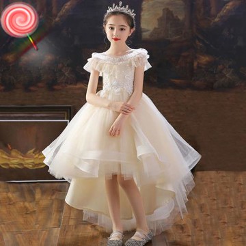 高端兒童禮服主持人花童2025新款香檳色原創女童前短后長公主裙