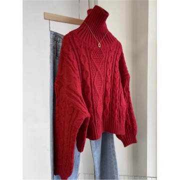 高領紅色毛衣女秋冬季流行風格穿搭麻花羊毛衫慵懶高級感針織打底