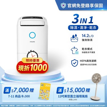 現折1000★送2年份濾網+享節能補助$1200★飛利浦 14.2L抗敏清淨除濕機-雲朵白(DE5306/80)-適用18坪