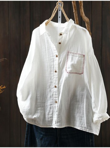 文青刺繡口袋雙層棉紗襯衫長袖上衣女【75-22-825609-25】ibella 艾貝拉