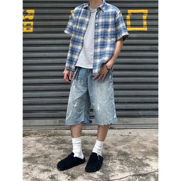 vintage藍色格子短袖襯衫男款夏季美式復古水洗寬松休閑襯衣外套