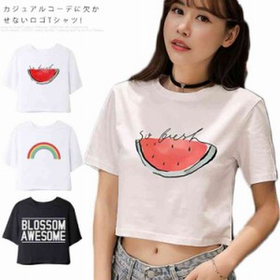 Tシャツ 半袖 ラウンドネック コットン プリント トップス レディース 秋服 ショート丈 へそ出し ホワイト シンプル 新作 お洒落 着痩せ r400