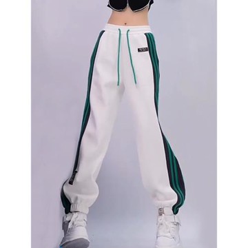 寬松衛褲女2024春秋新款潮側條紋運動褲撞色白色高腰顯瘦哈倫褲子