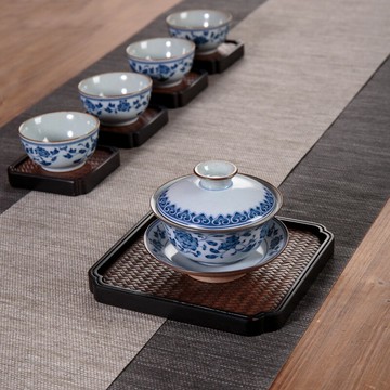 蓋碗單個功夫茶具個人三才碗敬茶杯陶瓷復古粗陶防燙青花瓷泡茶碗