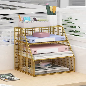 桌面置物架 桌面收納架 書本收納架 金属材质收納架 簡約風 金屬文件框文件架辦公室鐵質多層文件夾收納