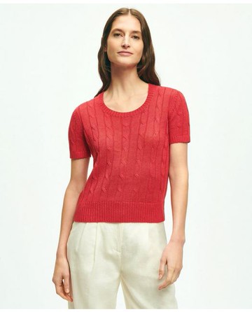 Brooks Brothers Women's Cable Knit Short-Sleeve Top In Linen Sweater | Medium Red | Size Large