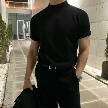 【巴黎精品】現貨+預購 針織衫短袖T恤-半高領百搭修身純色男上衣2色a1fy17