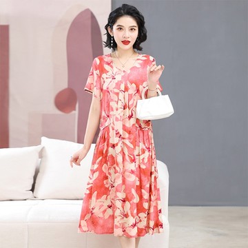 [韓國K.W.]現貨一等品紅花棉稠柔膚花版口袋洋裝(涼感/連身裙/中長裙/長裙/輕薄/短袖)