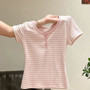 熱銷好評限時價⭐2026新款夏季粉色條紋修身顯瘦正肩短款女裝短袖T恤上衣PEWG