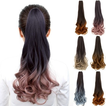 [台灣出貨附發票] 假髮馬尾 漸變色 長版捲髮假馬尾 鯊魚抓夾式綁帶式假髮造型 藍色灰色紫色粉色金色啞光絲蛋白絲仿真假髮