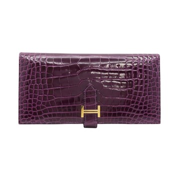 HERMES 愛馬仕 Bearn 二折長夾 紫水晶色 鱷魚皮 口M刻 金釦 二手精品 【二手名牌BRAND OFF】