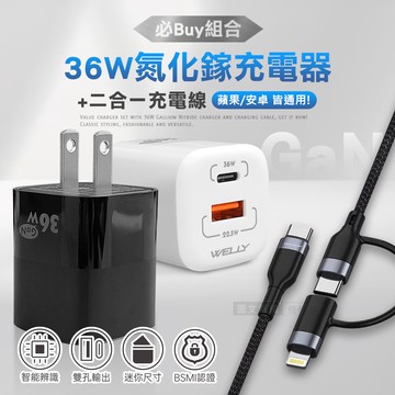 【WELLY】36W氮化鎵GaN PPS雙孔迷你充電器+66W二合一充電線 適用iPhone / 雙Type-C