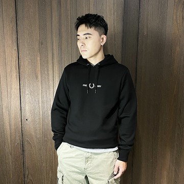 美國百分百【全新真品】Fred Perry 連帽上衣 內刷毛 棉質 歐洲精品 長袖 logo 帽T 黑色 DF17