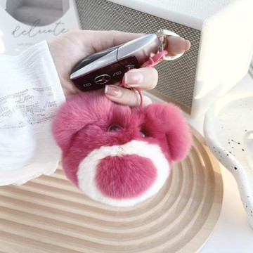 草莓熊 可愛獺兔毛粉色掛件ins網紅毛絨汽車鑰匙扣公仔包掛件禮物