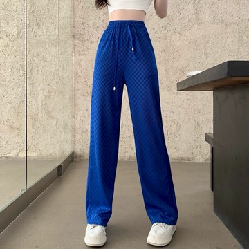 冰絲棋盤格闊腿褲女薄款夏季新款港味寬松垂感直筒休閑拖地褲