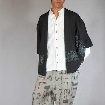 【日本製造】1980年代復古日式羽織、黑色羽織外套、吉祥圖案