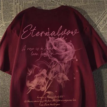 100%純棉圓領美式高街ins短袖煙霧玫瑰國潮印花T恤寬松型夏季半袖