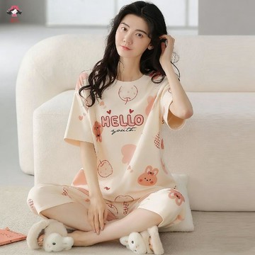臺灣出貨 短袖睡衣 睡衣女 韓版睡衣 家居服5XL特大碼七分褲睡衣夏天女大碼加大加寬休閒甜美寬鬆版兩件套長袖睡衣女生