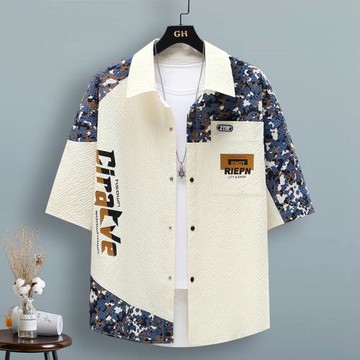 泡泡紗冰感短袖襯衫男士夏季薄款速干涼感青少年拼色工裝襯衣外套