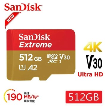 SanDisk [極速升級 全新版] 512GB Extreme microSDXC V30 A2 記憶卡(讀取190MB/s 原廠永久保固)