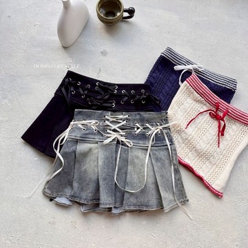 【迷人甜心】DOMISS爆款! 蝴蝶結綁帶短裙 牛仔短褲裙 褲裙 牛仔裙-2色(現貨)