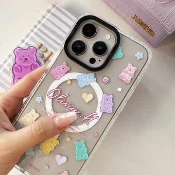 [CA1849]❥Gummy Bear*可愛小熊軟糖-黑圈鏡頭防撞邊條殼/磁吸殼/客製化姓名/iPhone17 16