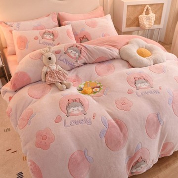 ins清新卡通牛奶絨床包組 印花四件套 雪花絨單被單 法蘭絨被套 學生 宿舍 三件套 秋冬被單 被套 單人 雙人被套