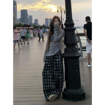 趙露思同款黑色格子褲女春夏美式慵懶松馳工裝闊腿休閑爵士舞褲子