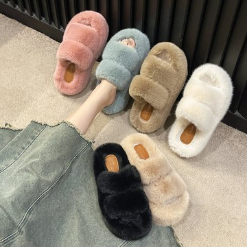 【新款女鞋】雙條毛毛拖鞋7CM厚底增高涼拖鞋優質