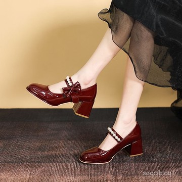 高跟鞋春季伴娘鞋圓頭單鞋 珍珠瑪麗珍2025年女鞋粗跟新款僊女風瑪麗珍鞋 樂福鞋 跟鞋 紅色鞋子 韓國女鞋 日係鞋 包鞋