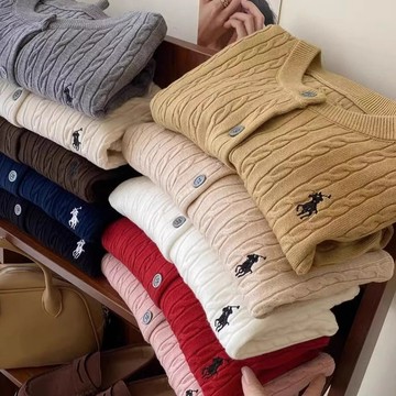 老錢風 小馬刺繡 麻花針織開衫 女春季早秋 復古 圓領 紅色白色毛衣外套