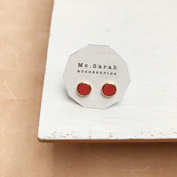 皮革耳環_圓框3號作品#6_珊瑚紅(可改夾)