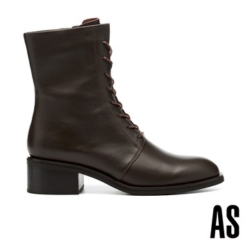 AS 簡約率性純色綁帶全真皮高跟短靴－咖