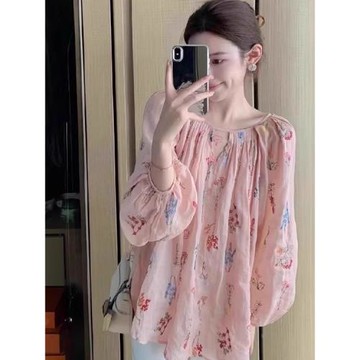 甜美風粉色碎花襯衫女夏新款設計感小眾寬松鏤空薄款長袖防曬上衣
