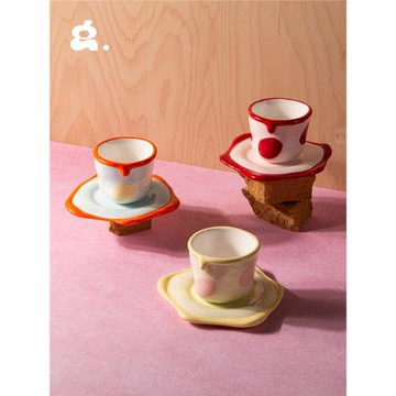 純手繪陶瓷可愛ins風撞色馬克杯波點復古手握杯咖啡杯碟少女送禮