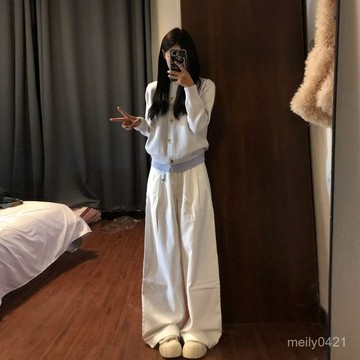氣質穿搭一整套秋季新款溫柔風針織開衫高腰闊腿白色牛仔褲兩件套