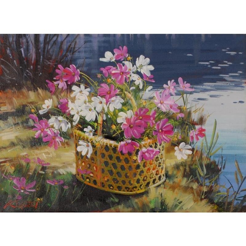 コスモス 絵画 花 油絵 田中清 「水辺のコスモス」 額付き