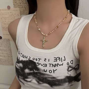 【台灣公司 可打統編】免運 歐美跨境新款拼接玫瑰花十字架吊墜項鏈個性不規則水晶串珠鎖骨鏈 可開發票 全館五折 工廠現貨直銷 新品特價 z9211