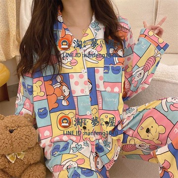 小熊睡衣女秋天新款卡通可愛學生日系寬版長袖家居服套裝【淘夢屋】