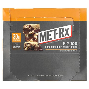 MET-Rx, Big 100，代餐棒，巧克力碎曲奇餅乾，9 塊，每塊 3.52 盎司（100 克）
