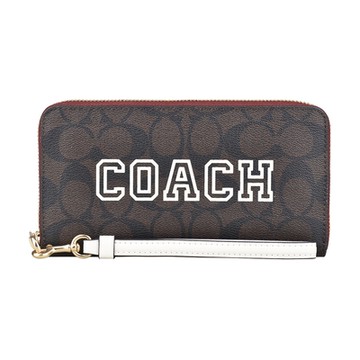 COACH Varsity字母LOGO緹花PVC12卡拉鍊長夾(深棕x白)