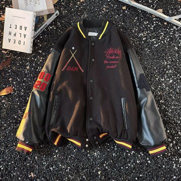 美式復古撞色棒球服男 寬鬆春秋情侶國潮牌皮袖夾克外套