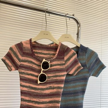 慵懶風條紋短袖針織洋裝女夏季修身性感開叉包臀裙純欲風T恤裙