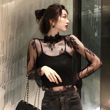 高領蕾絲打底衫女長袖春秋冬2021年新款性感內搭洋氣紗衣網紗上衣