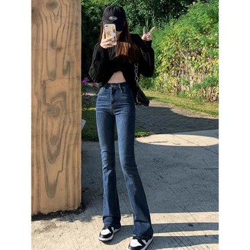 復古藍微喇牛仔褲女2023年秋冬新款彈力顯瘦高個子加絨高腰馬蹄褲