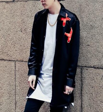 FINDSENSE品牌 男 時尚 街頭 潮 拼色紅色織帶 長袖襯衫 特色襯衫