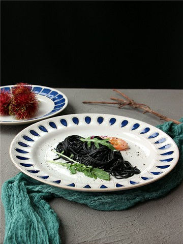 北歐風藍色水滴盤陶瓷盤創意西餐牛排盤意面盤家用水果沙拉盤菜盤