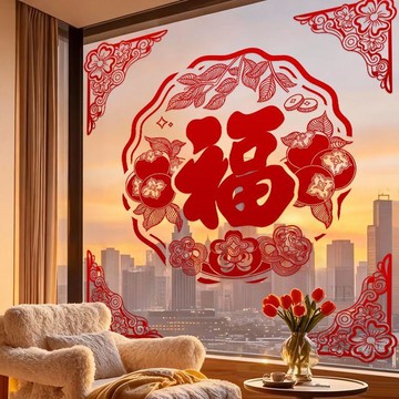 🚛臺灣發貨🚛新年植絨窗花靜電貼2026馬年玻璃貼元旦過年春節福字門貼剪紙裝飾